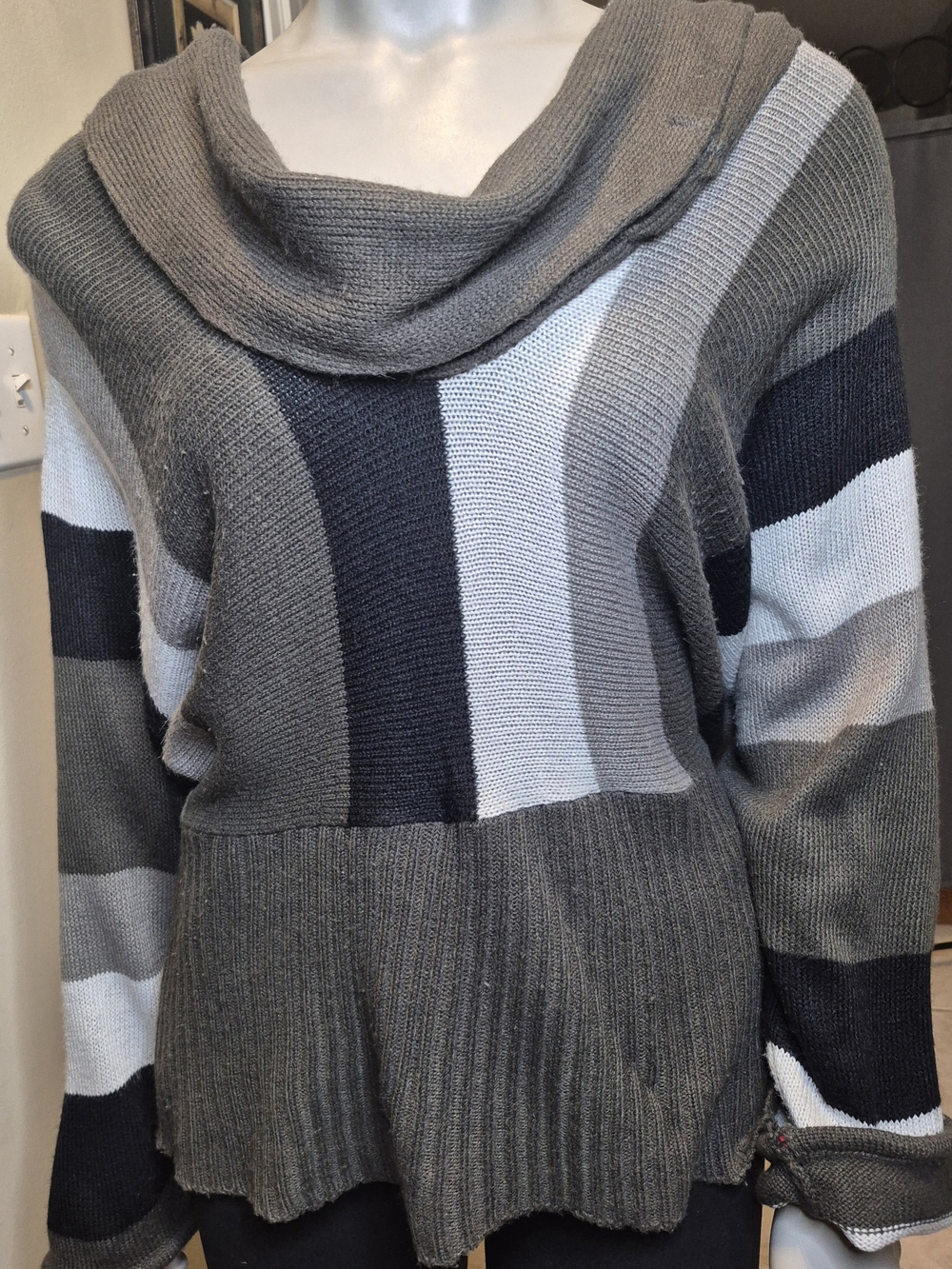 Caren Sport Gray & White Striped Cowl Neck Sweater-2X